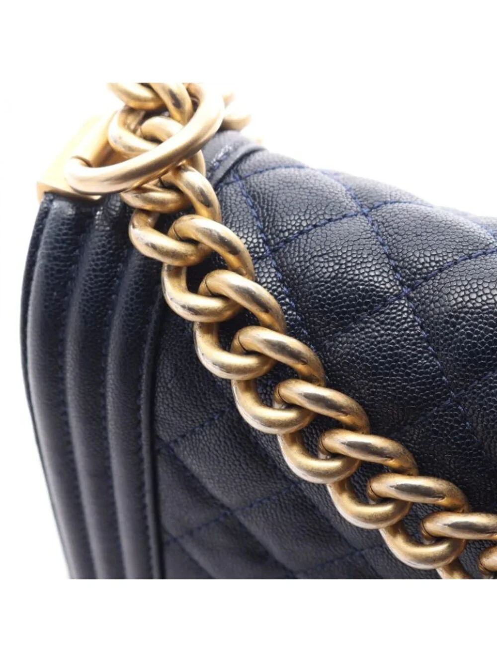 Chanel Shoulder Bag Boy Navy Caviar Leather Boy Chain